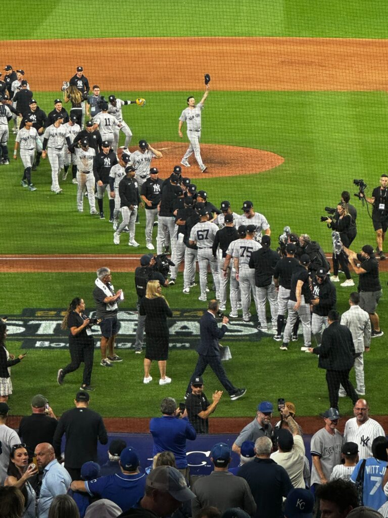 Gerrit Cole tips cap to fans after clinching the ALCS in Game 4 of the ALDS.