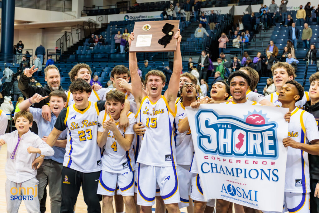 St. Rose boys basketball wins the 2025 Shore Conference Championship.